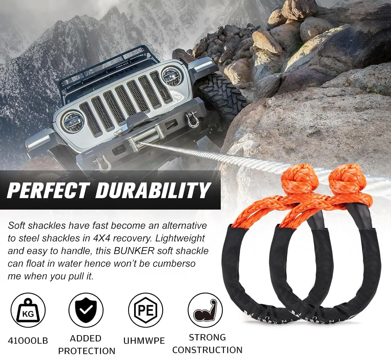 BUNKER INDUST 2Pcs Synthetic Soft Shackle Rope, 1/2 Inch x 24 Inch, 41,000 LBS Breaking Strength - Winch Towing & Recovery Shackles for Offroad 4x4 Vehicles, Truck, SUV, UTV, ATV