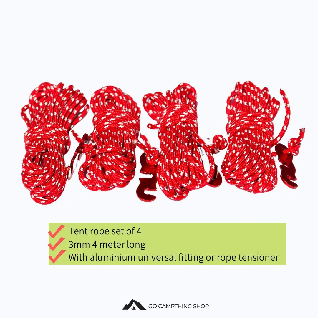 Camping Reflective Guy Line Tent Wind Rope Set of 4, Polyester Wind Rope, 3mm 4m Long Aluminum Universal Fitting, Rope Tensioner