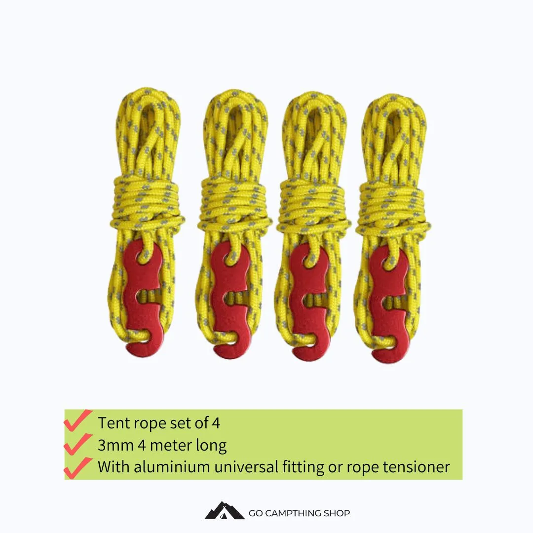 Camping Reflective Guy Line Tent Wind Rope Set of 4, Polyester Wind Rope, 3mm 4m Long Aluminum Universal Fitting, Rope Tensioner
