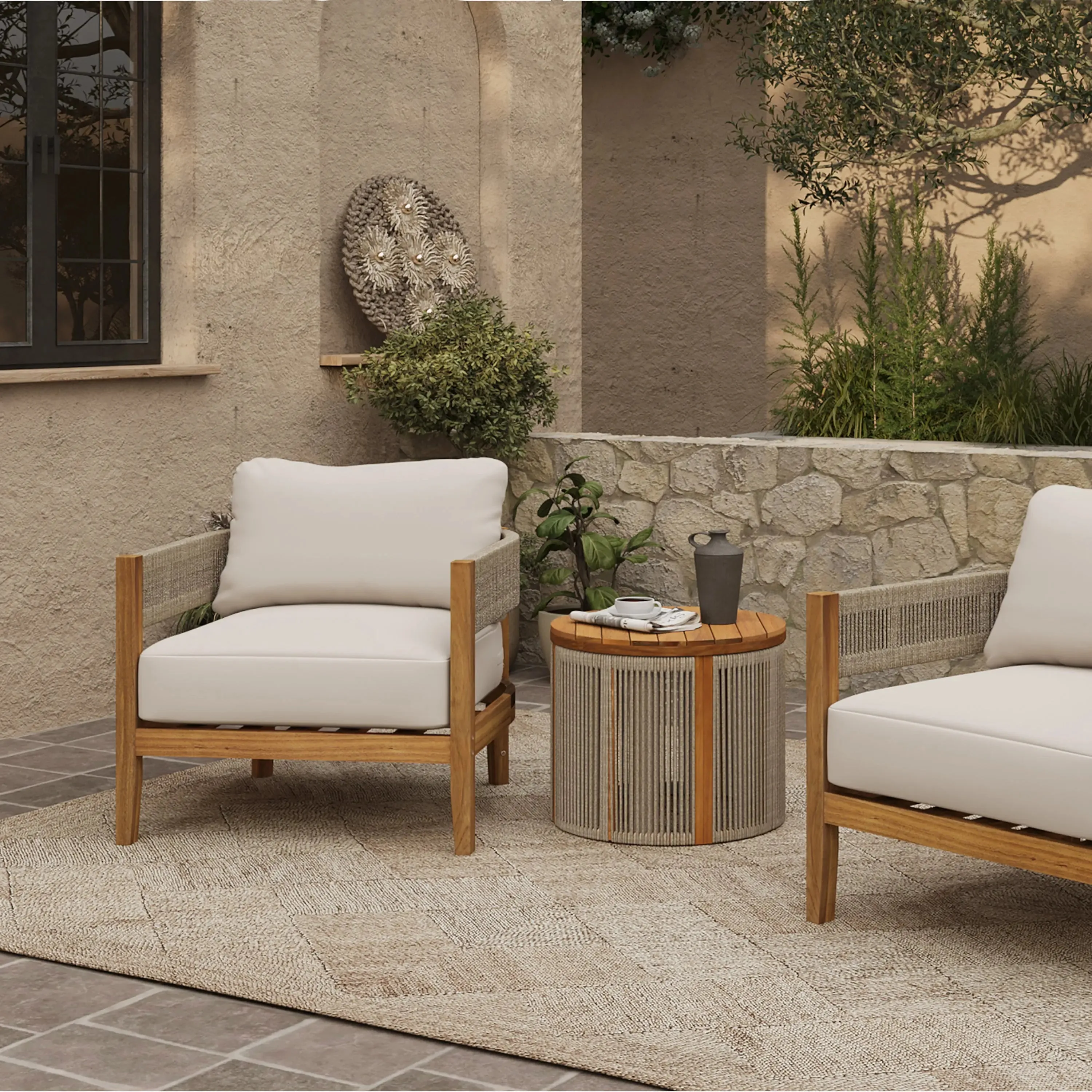 Ceylon outdoor acacia wood with rope sides club armchair