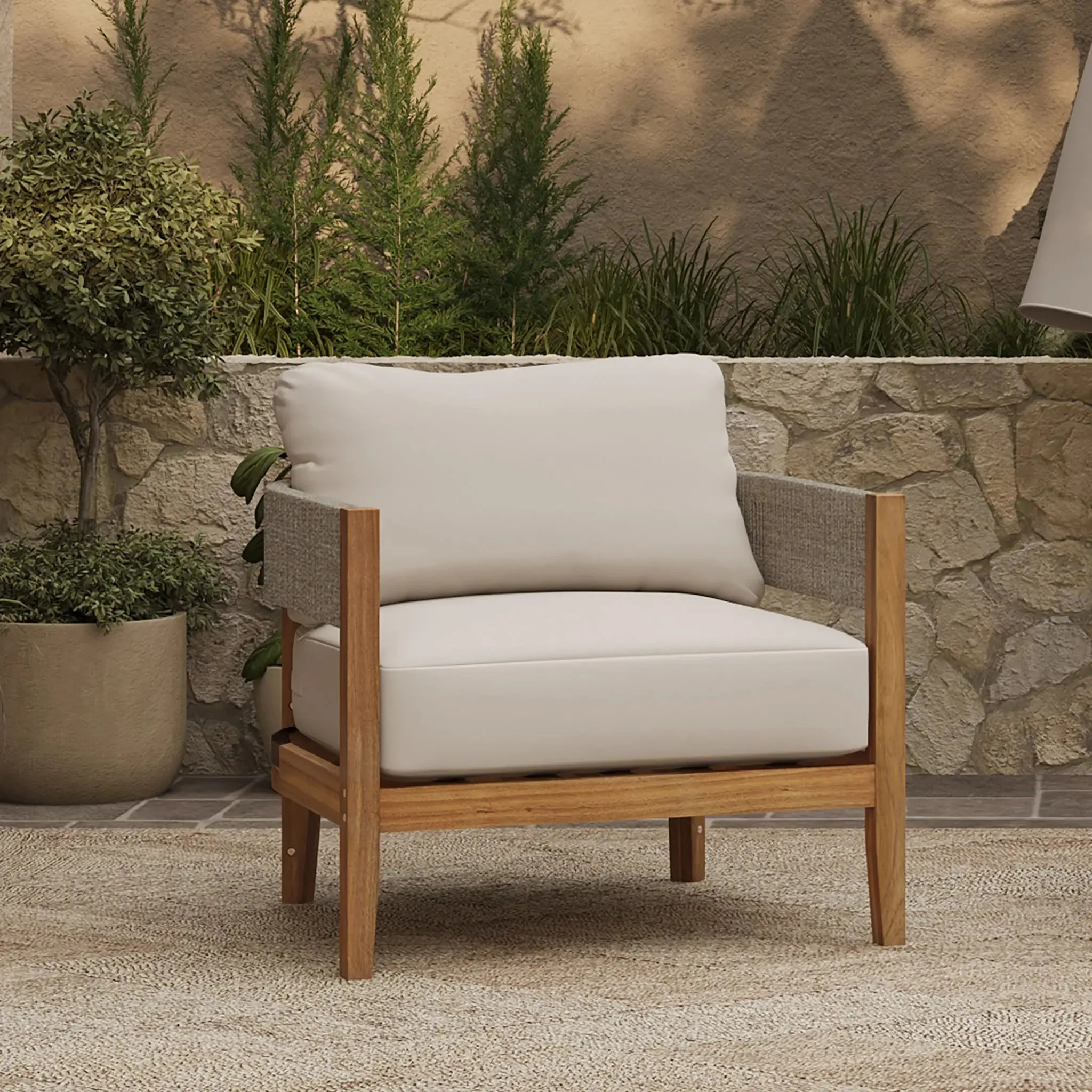 Ceylon outdoor acacia wood with rope sides club armchair