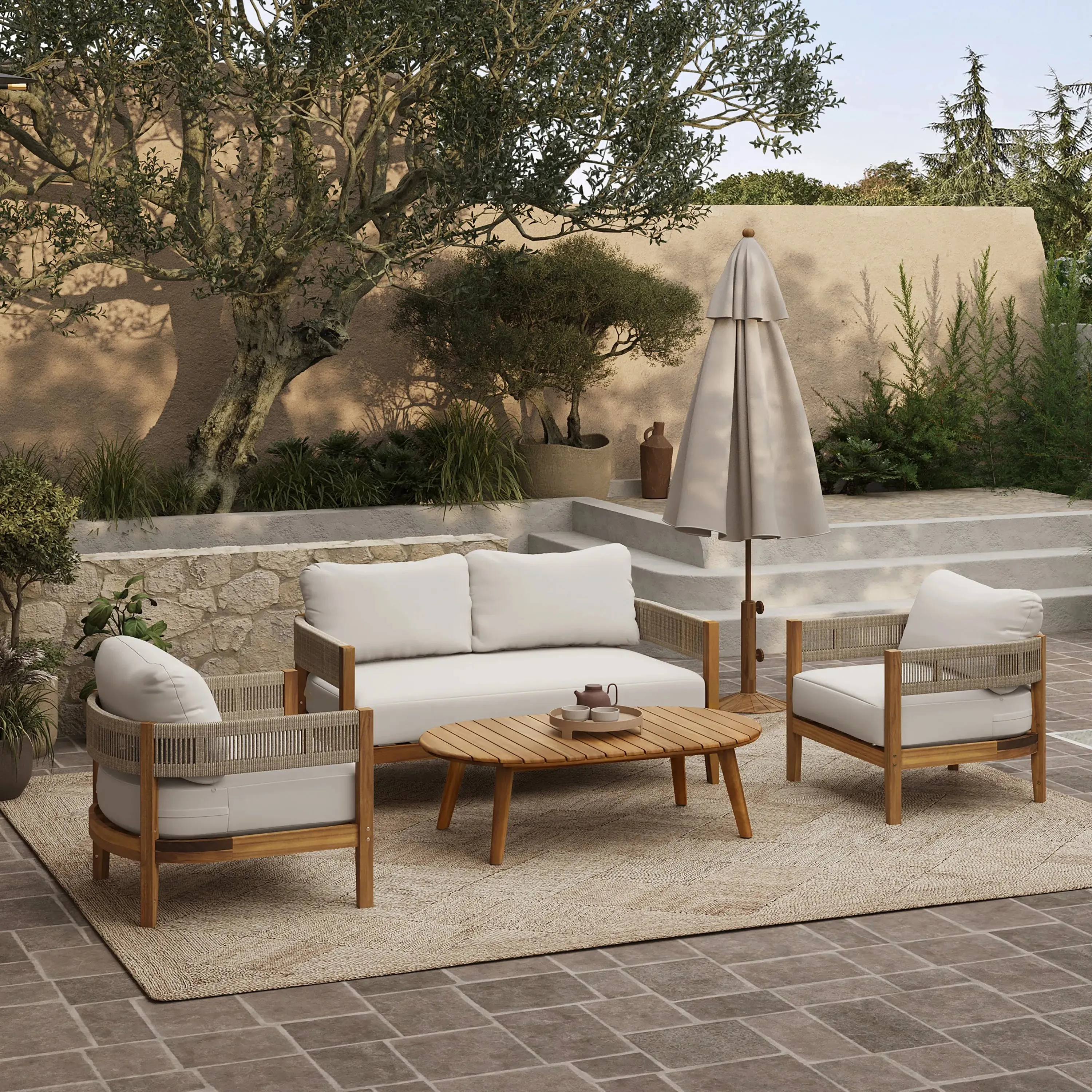 Ceylon outdoor acacia wood with rope sides club armchair