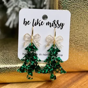 Christmas Tree Earrings   Bows - Green Glitter   Champagne