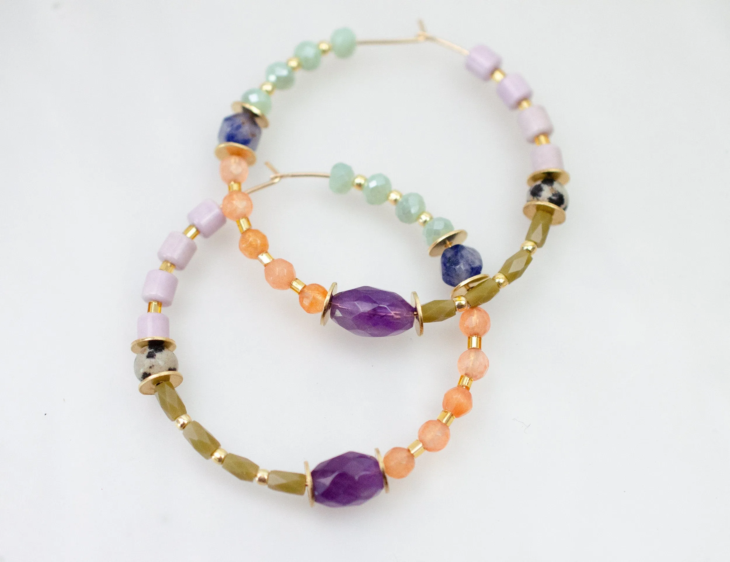 Colorful Seed Beaded Hoops, Lightweight earrings, Large Hoops, Gold filled earrings, beaded earrings, Amethyst earrings, statement earrings