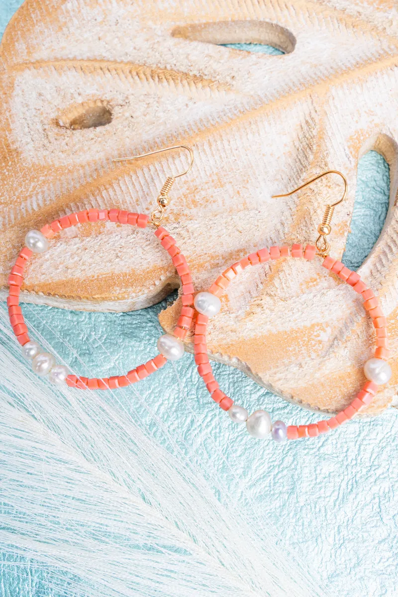 Coral & Pearl Cube Beaded Loop Earrings