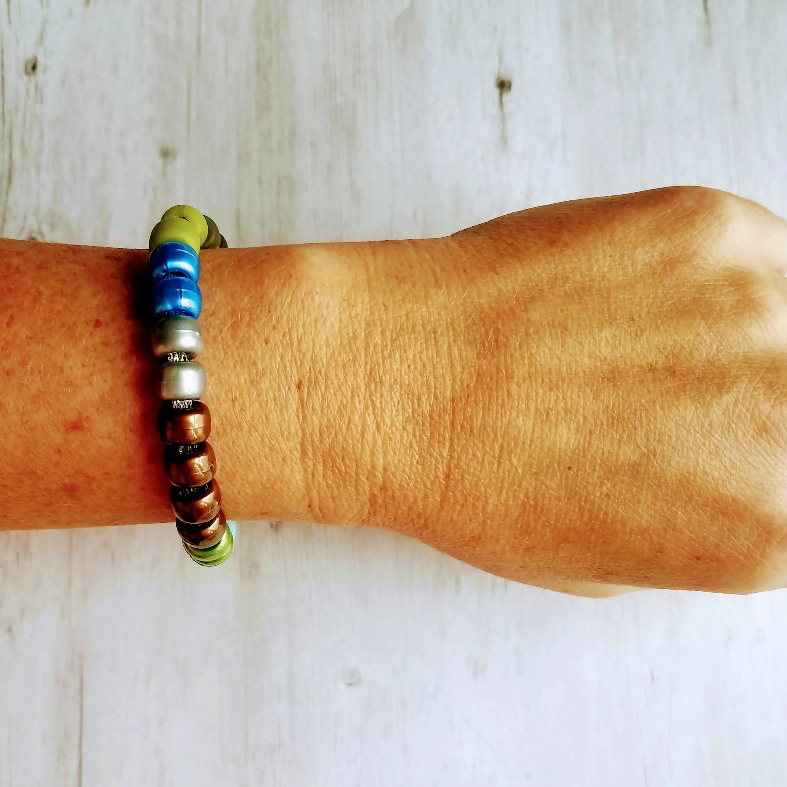 Crow Bead Bracelet, designer style bracelet, large bead tie on cord, big bead bracelet, ugly color bracelet, pony roller beads, chunky beads