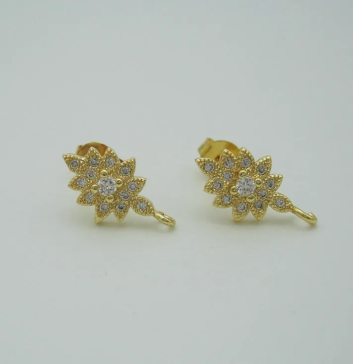 Cubic Zirconia CZ Gold Plated Brass Ear Stud Earrings Post Findings Wedding Earrings