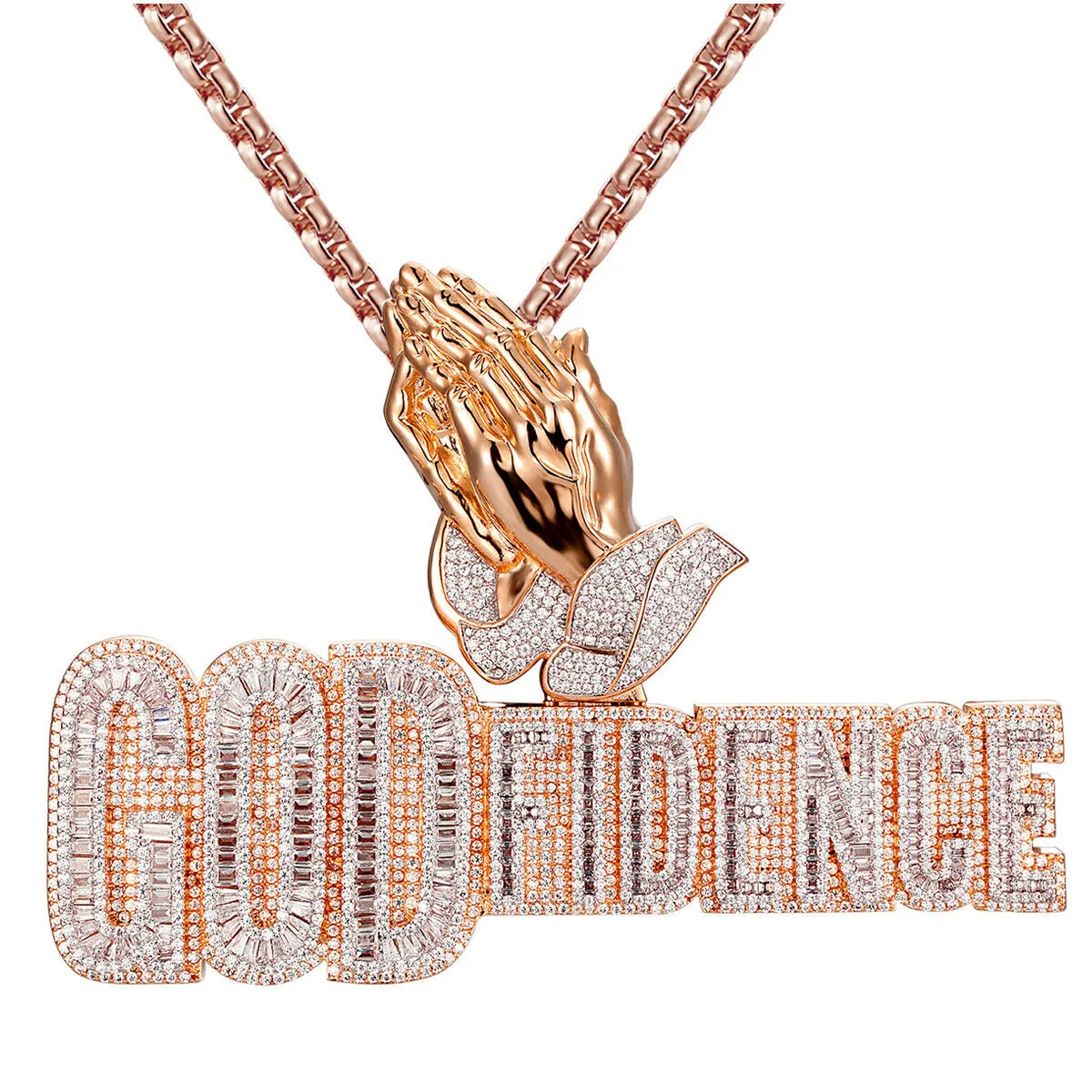 Custom Godfidence Praying Hand Double Layer Baguette Simulated Diamond With Chain