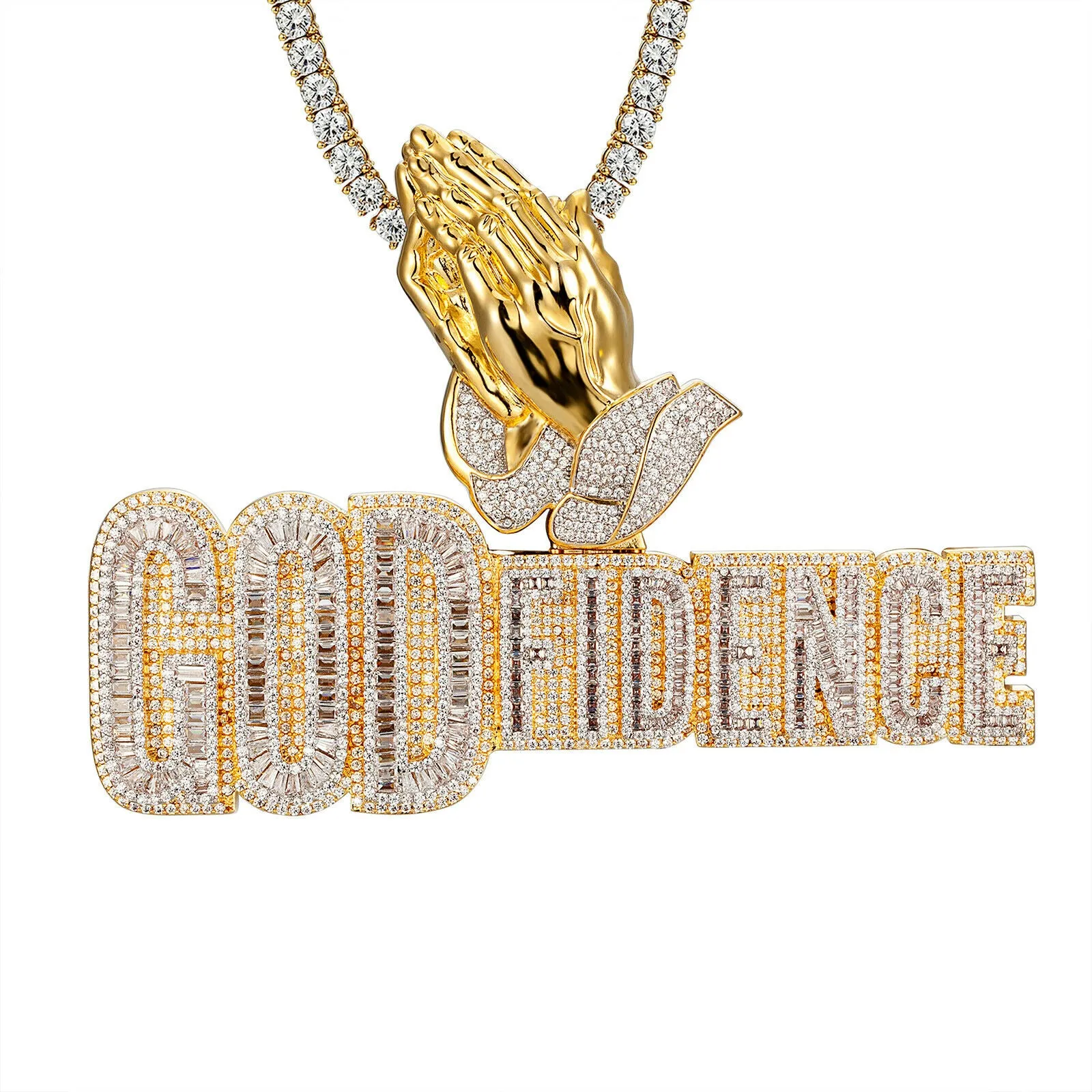 Custom Godfidence Praying Hand Double Layer Baguette Simulated Diamond With Chain
