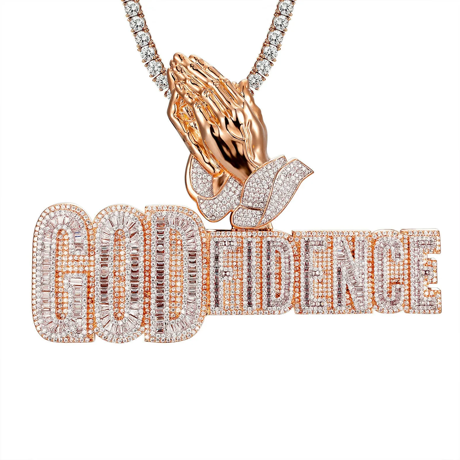 Custom Godfidence Praying Hand Double Layer Baguette Simulated Diamond With Chain