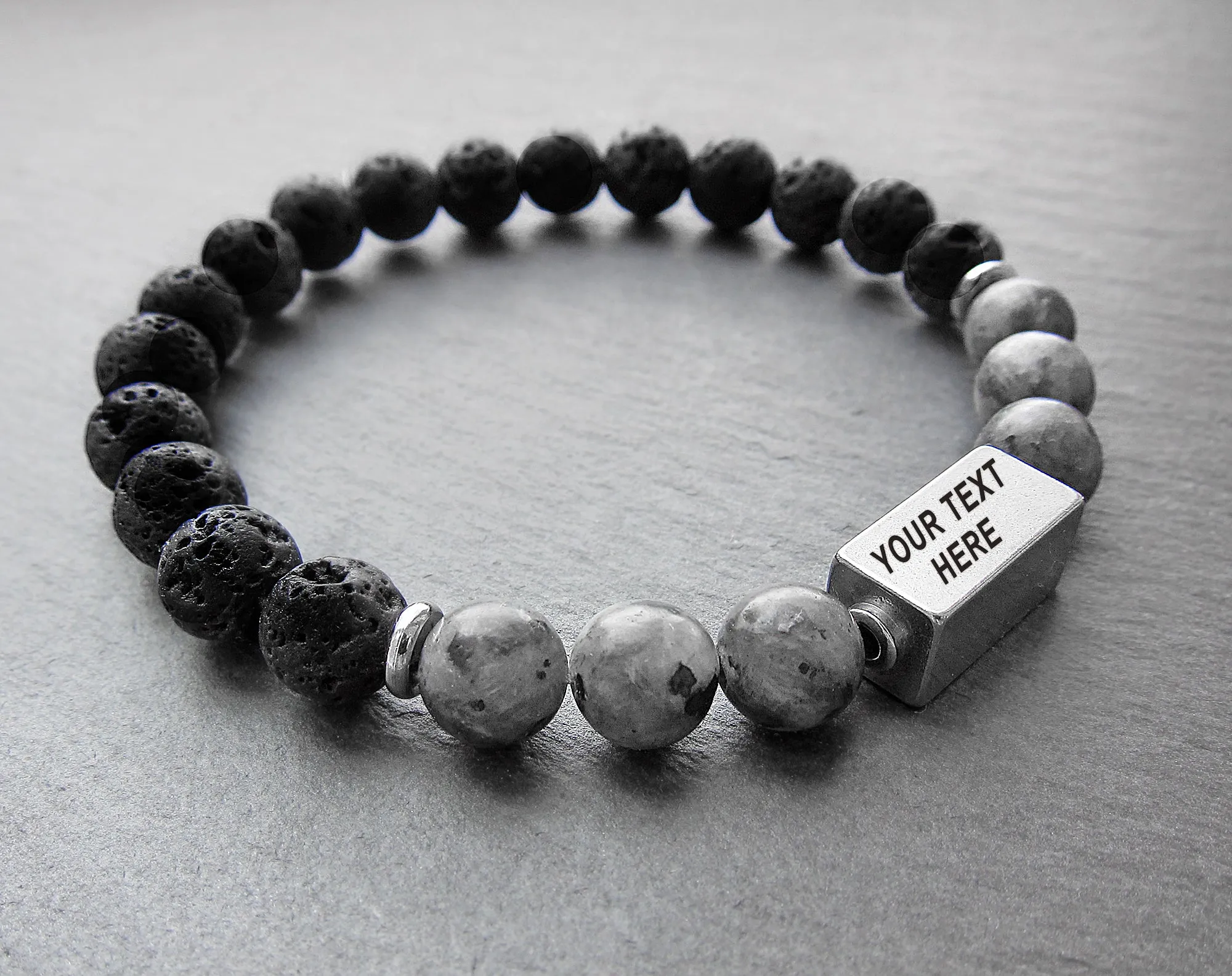 Customized bracelets for him with labradorite and black lava beads