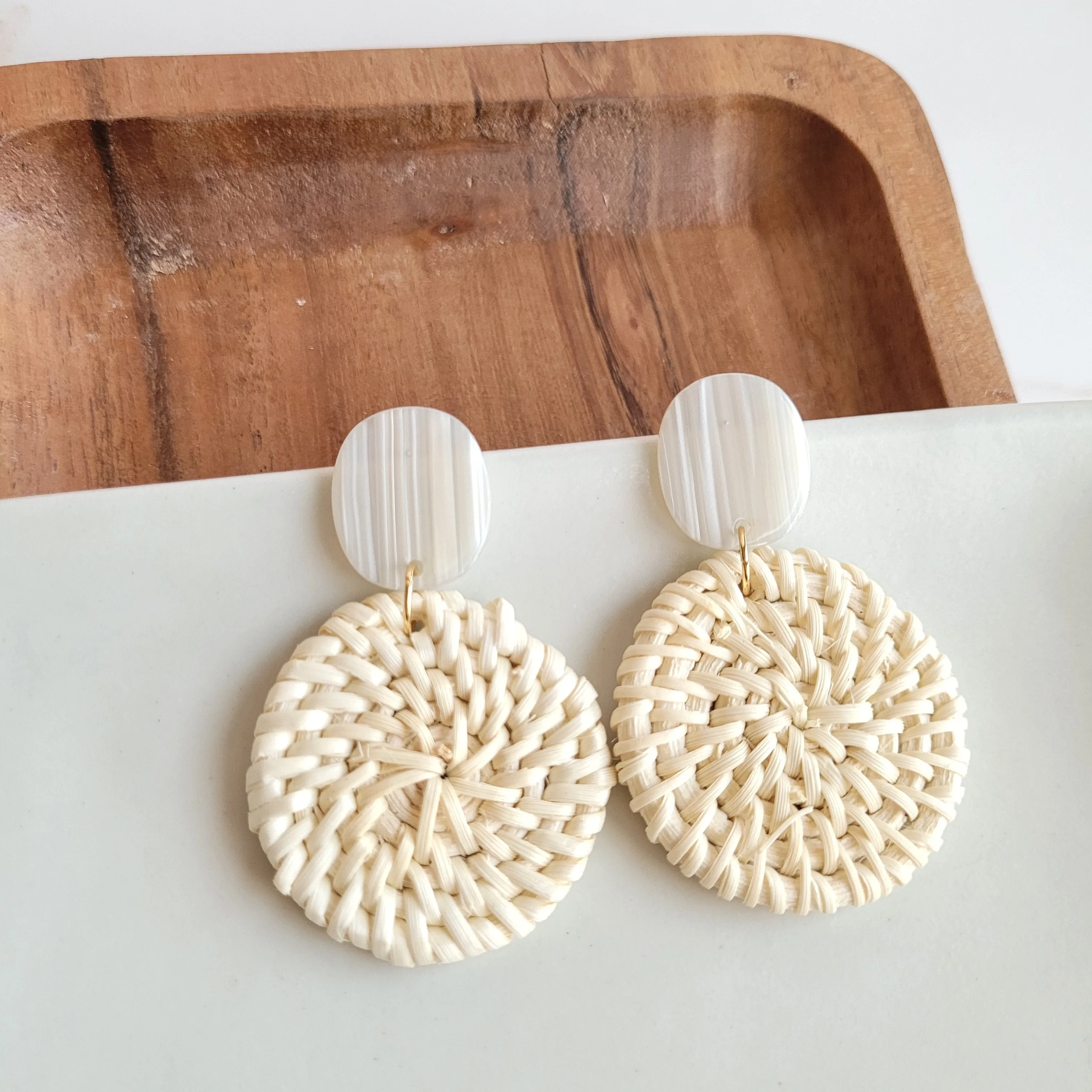 Dominica Earrings - Light Rattan Seashell by Spiffy & Splendid
