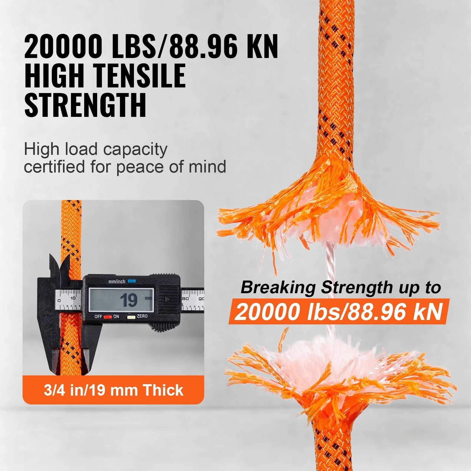Double Braided Polyester Rope, 3/4 in x 220 ft, 24 Strands, 12700 LBS Breaking Strength Outdoor Rope, Arborist Rigging Rope
