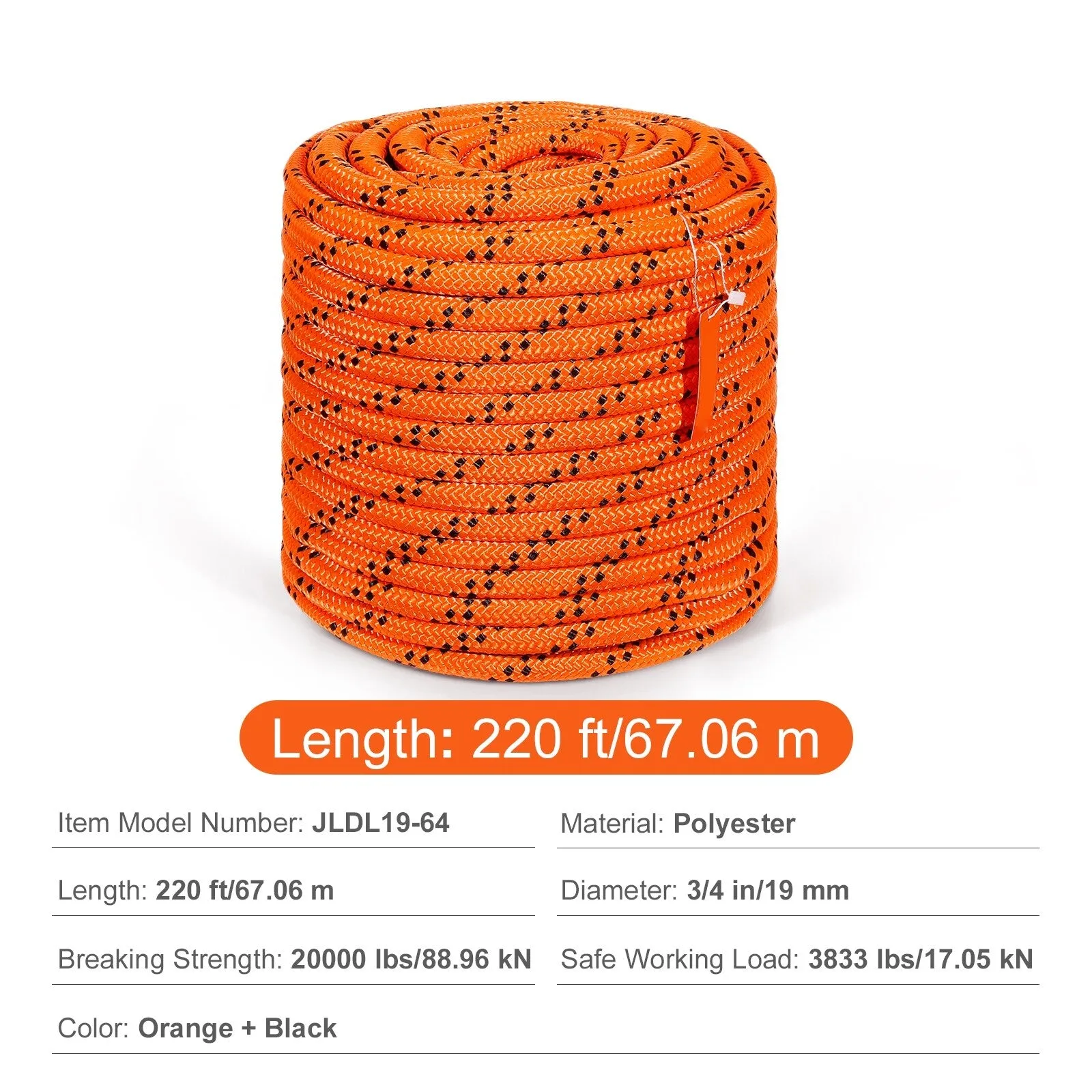 Double Braided Polyester Rope, 3/4 in x 220 ft, 24 Strands, 12700 LBS Breaking Strength Outdoor Rope, Arborist Rigging Rope
