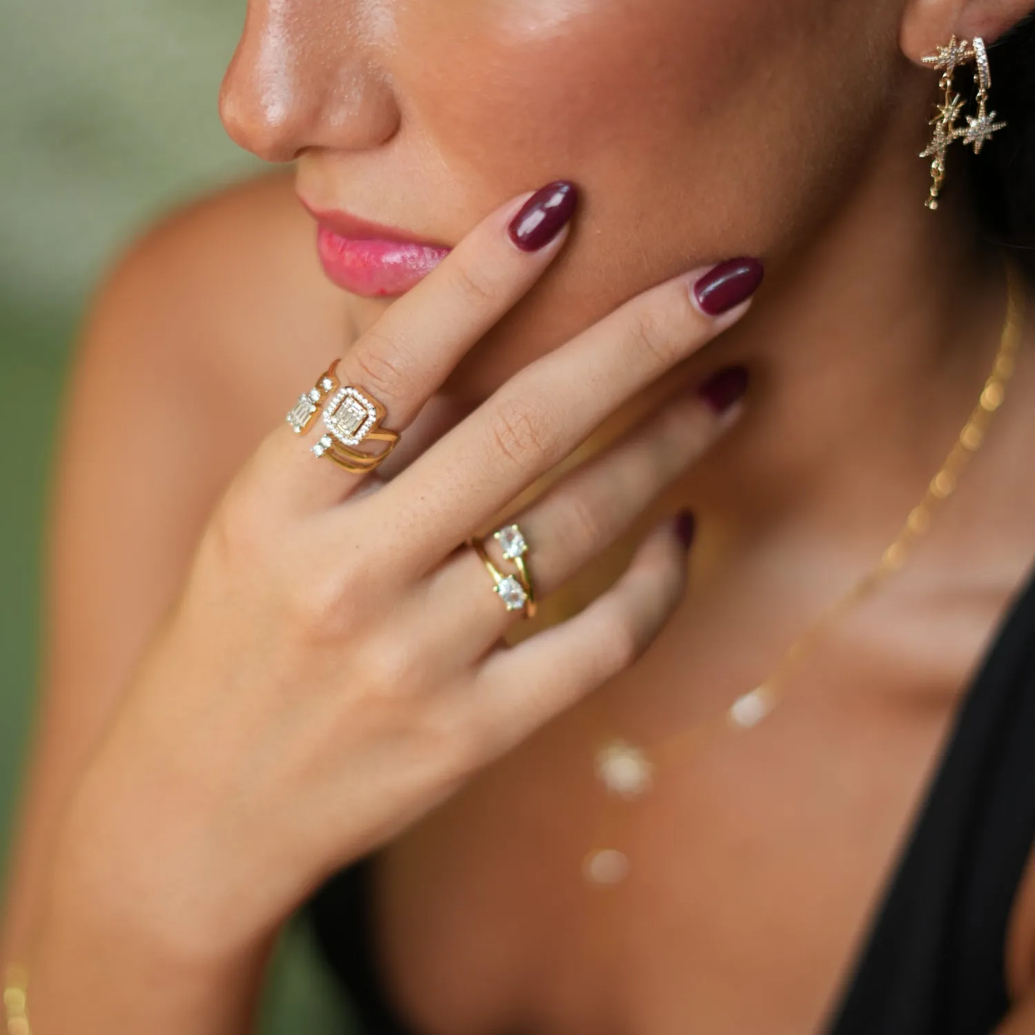 Double Diamond Stone & Gold Dainty Adjustable Ring