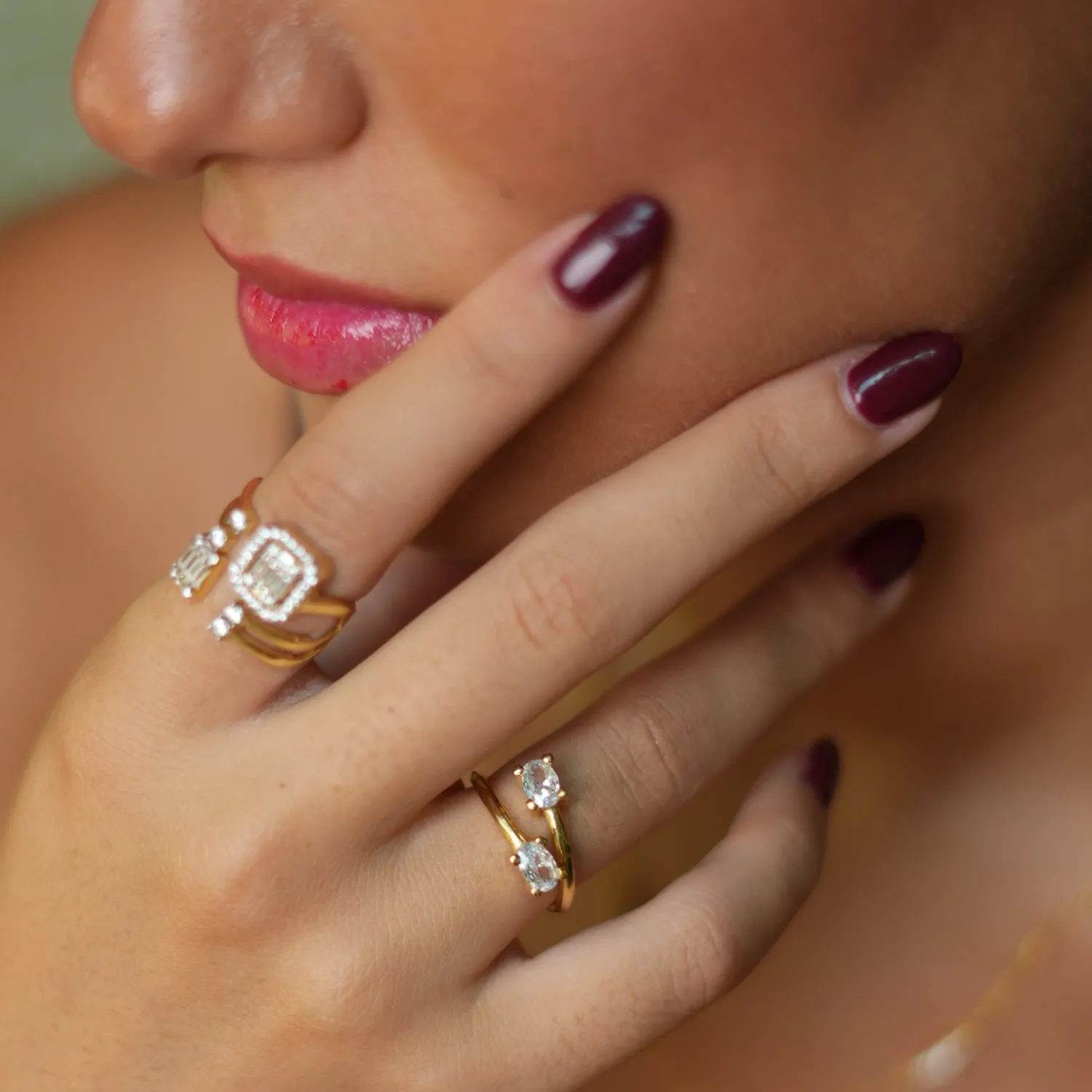 Double Diamond Stone & Gold Dainty Adjustable Ring
