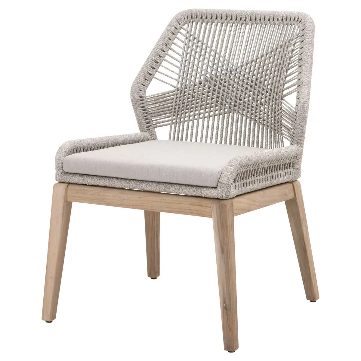 Essentials For Living Loom Outdoor Dining Chair ~ Taupe & White Flat Rope, Performance Pumice, Gray Teak
