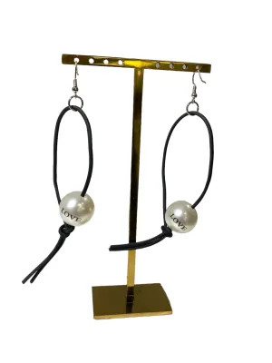 Faux Pearl With LOVE on Leatherette Loop Earrings