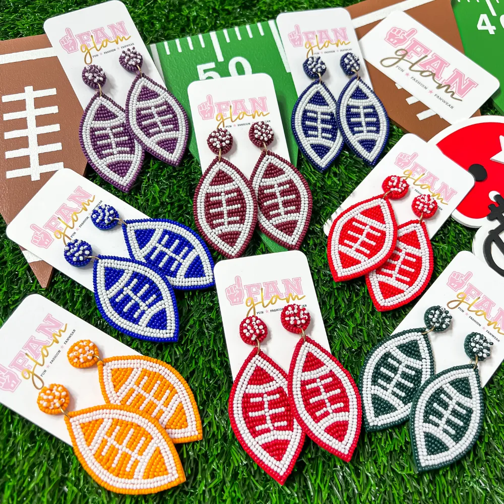 FOOTBALL BEADED 2-COLOR DANGLE STUD EARRINGS - 20 COLORS