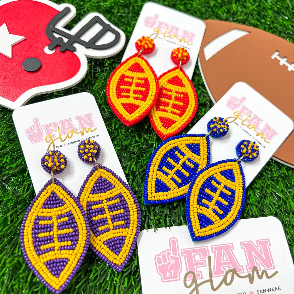 FOOTBALL BEADED 2-COLOR DANGLE STUD EARRINGS - 20 COLORS