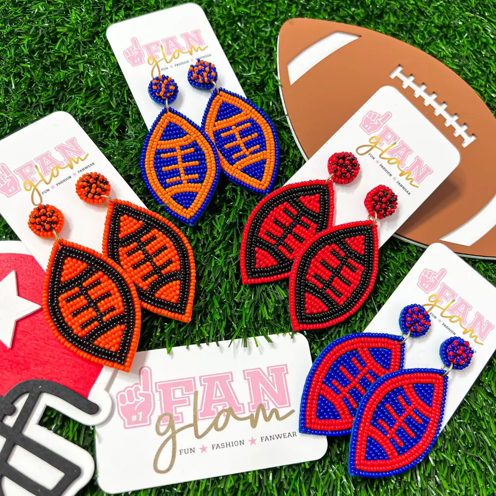 FOOTBALL BEADED 2-COLOR DANGLE STUD EARRINGS - 20 COLORS
