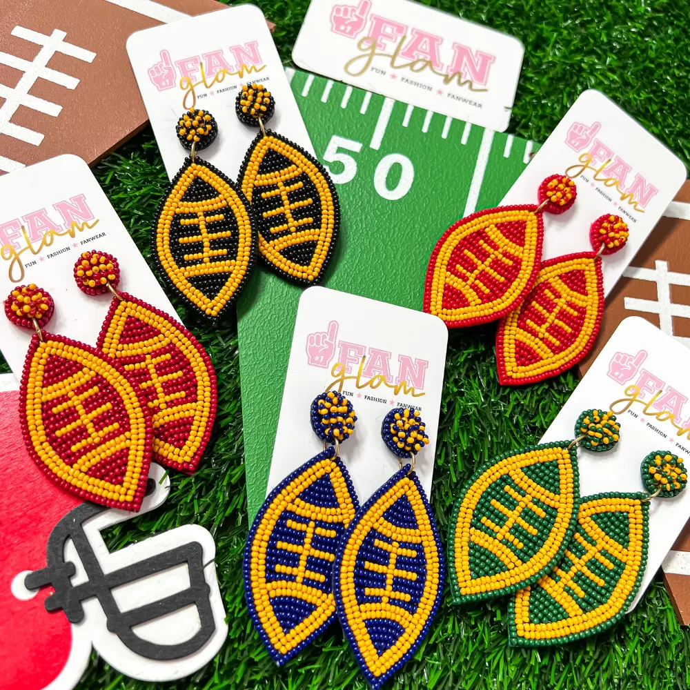 FOOTBALL BEADED 2-COLOR DANGLE STUD EARRINGS - 20 COLORS