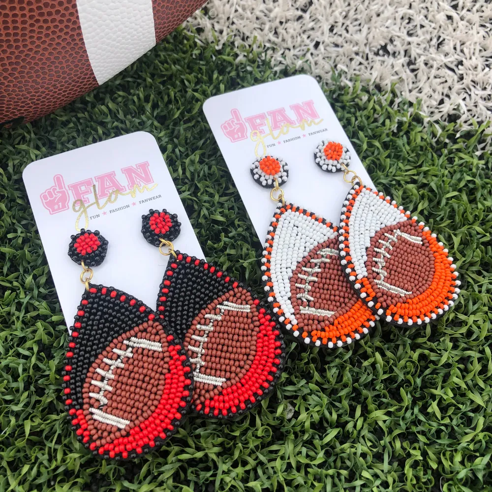 FOOTBALL BEADED DUAL COLOR DANGLE STUD EARRINGS