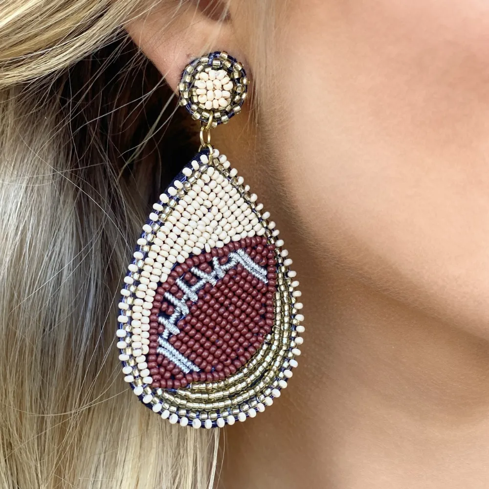 FOOTBALL BEADED DUAL COLOR DANGLE STUD EARRINGS