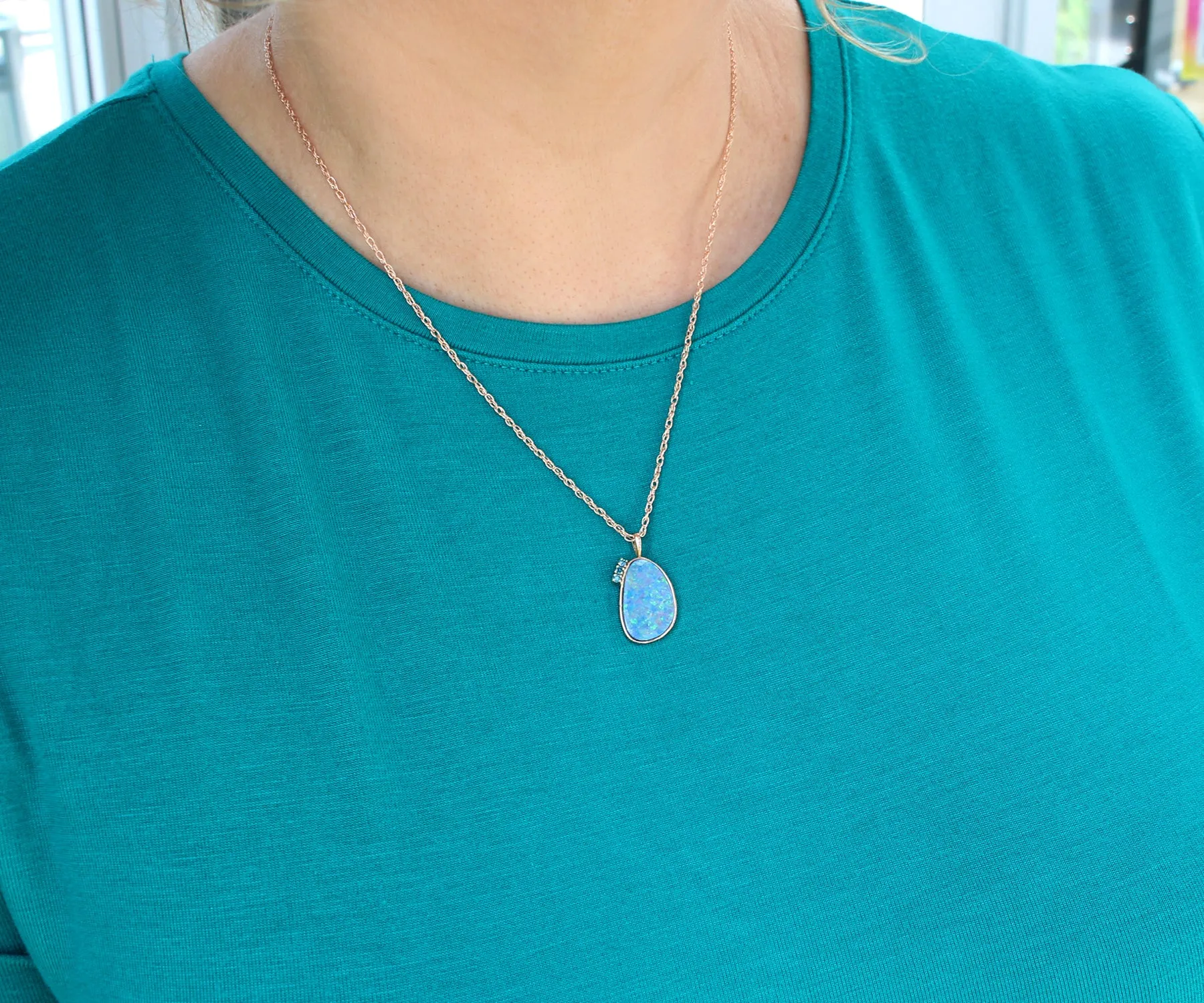 Freeform Pink Opal and Blue Diamond Necklace