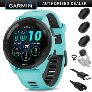 Garmin Forerunner 265 GPS Smartwatch, Aqua/Black   Charging Dock   Dust Cover Bundle
