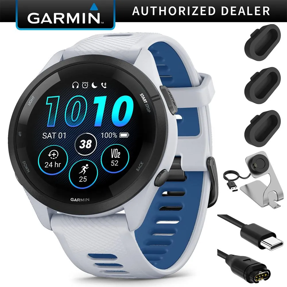 Garmin Forerunner 265 GPS Smartwatch, Whitestone   Charging Dock   Dust Cover Bundle