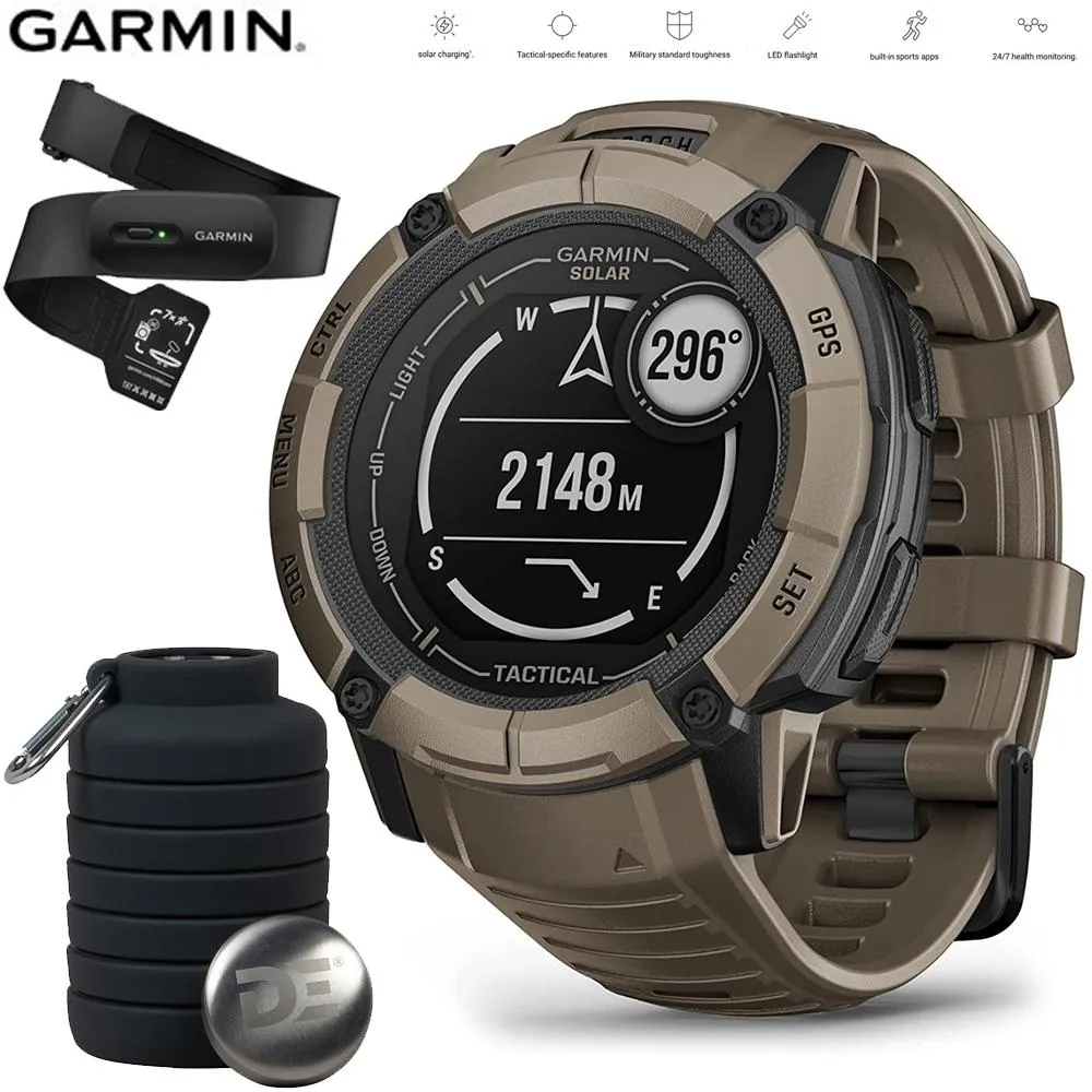 Garmin Instinct 2X Solar Smartwatch Coyote Tan   Bottle & Heart Rate Strap XS-S