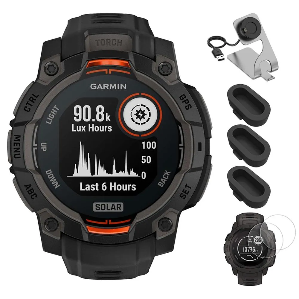 Garmin Instinct 3 - 45 mm GPS Smartwatch SOLAR Black with Charging Dock Bundle