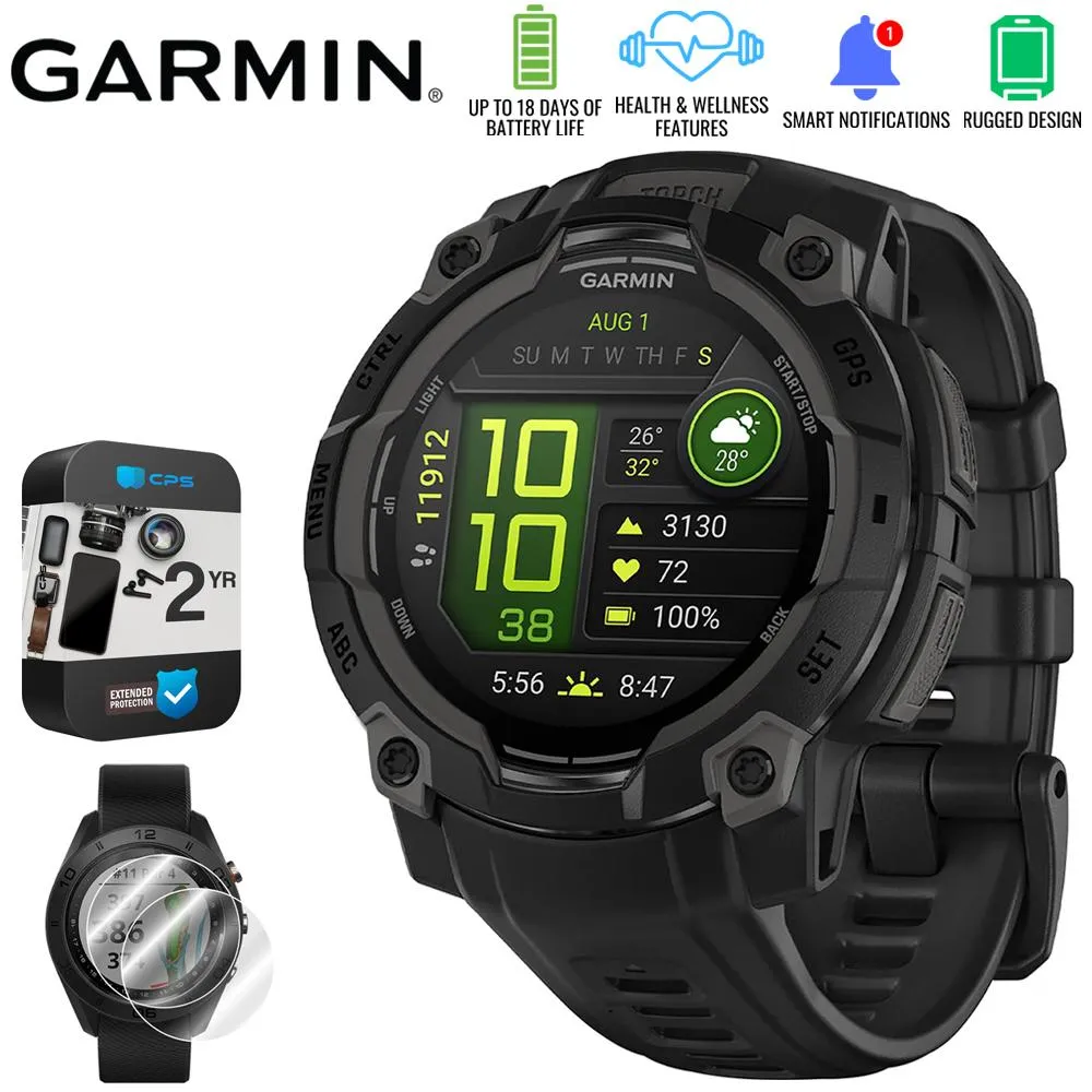 Garmin Instinct 3 45mm GPS Smartwatch, AMOLED   2x Protector   2 Yr Warranty Bundle
