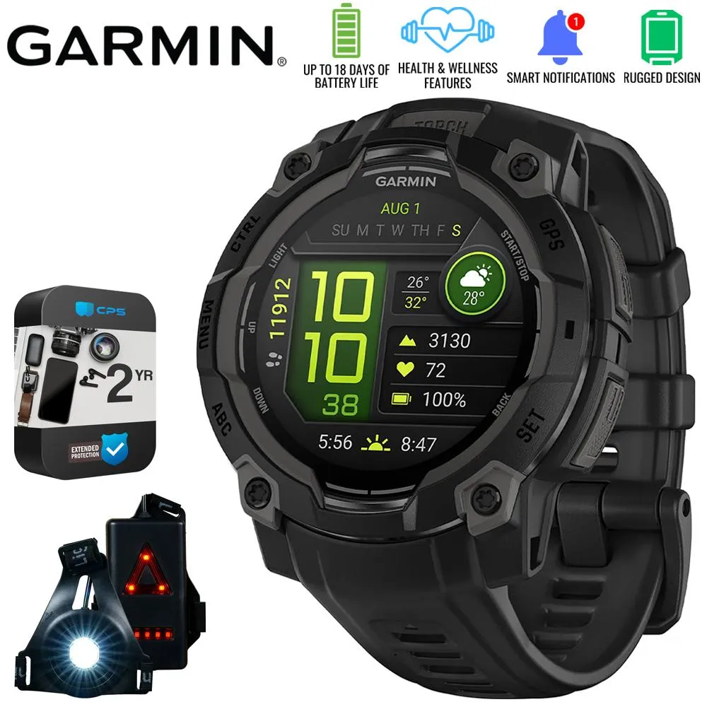 Garmin Instinct 3 45mm GPS Smartwatch, AMOLED   Wearable Light   2 Yr Warranty Bundle