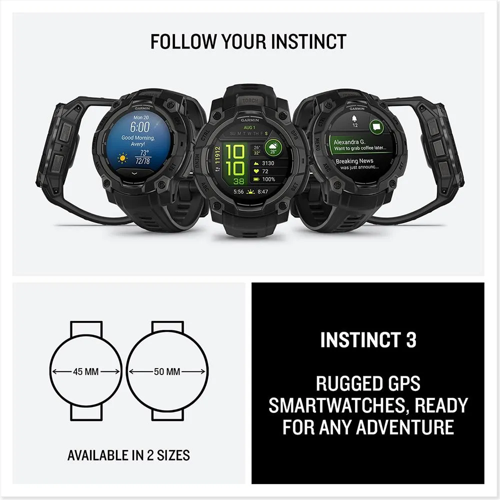 Garmin Instinct 3 45mm GPS Smartwatch, AMOLED   Wearable Light   2 Yr Warranty Bundle