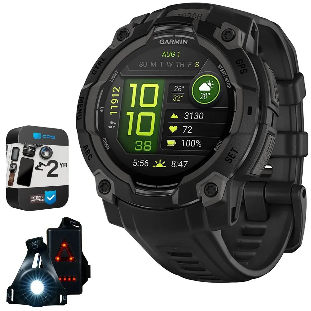 Garmin Instinct 3 45mm GPS Smartwatch, AMOLED   Wearable Light   2 Yr Warranty Bundle