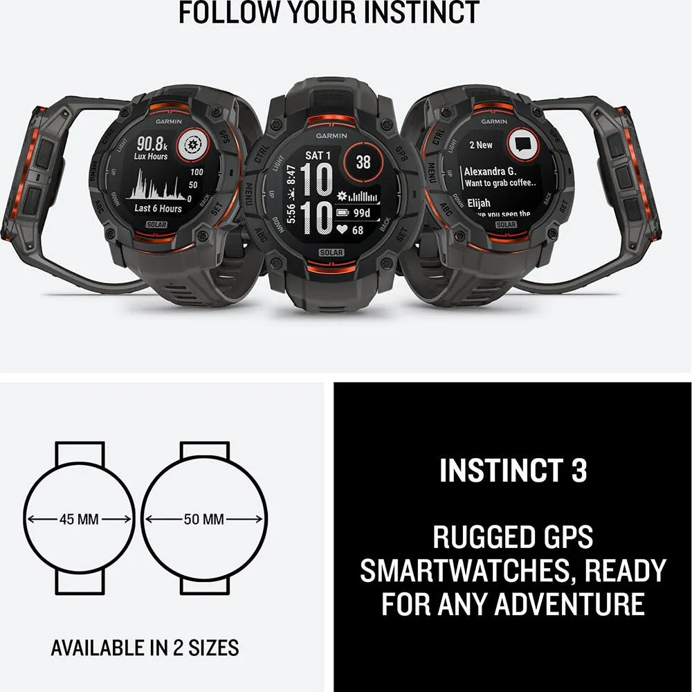 Garmin Instinct 3 - 50 mm GPS Smartwatch, SOLAR   Charging Dock   Protector Bundle