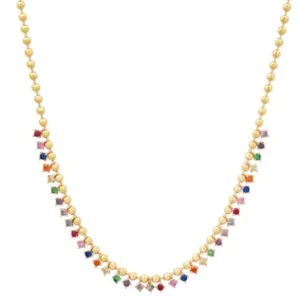 Gold Ball Necklace with Graduated Rainbow CZ Stones
