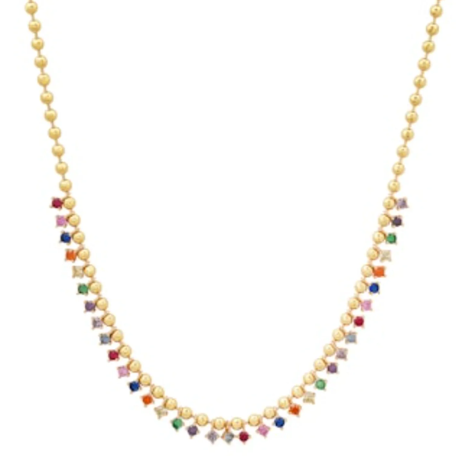 Gold Ball Necklace with Graduated Rainbow CZ Stones
