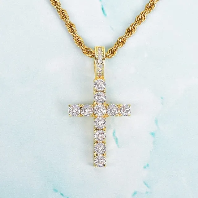 Gold Color Zircon Cross Pendant For Men Women Plated Necklace