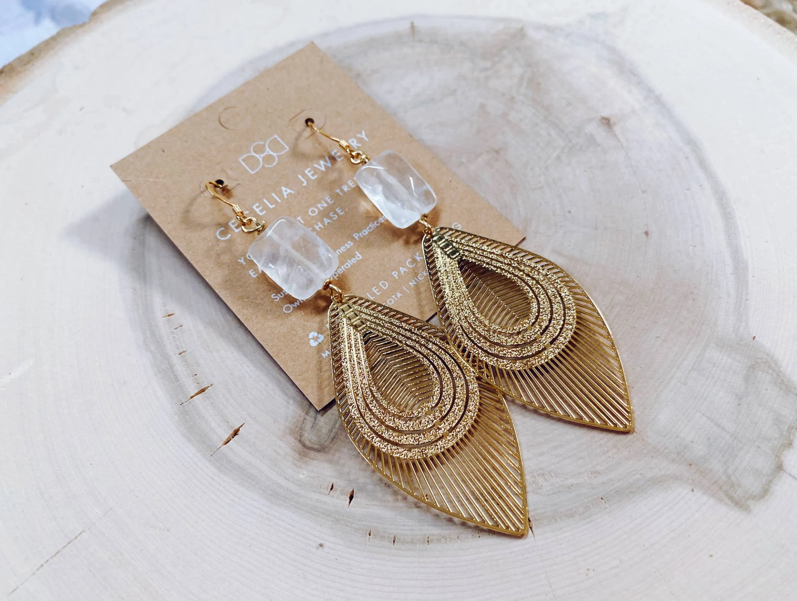 Gold Filigree Earrings with Stone Pendant