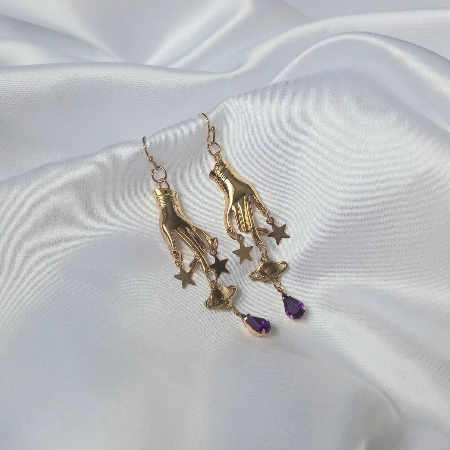 Gold Hands Purple Star Drop Earrings - Lightweight Drop Earrings,Star Earrings,Gold Star Earrings In The UK, Gold Jewellery In The UK
