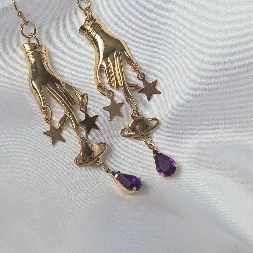 Gold Hands Purple Star Drop Earrings - Lightweight Drop Earrings,Star Earrings,Gold Star Earrings In The UK, Gold Jewellery In The UK