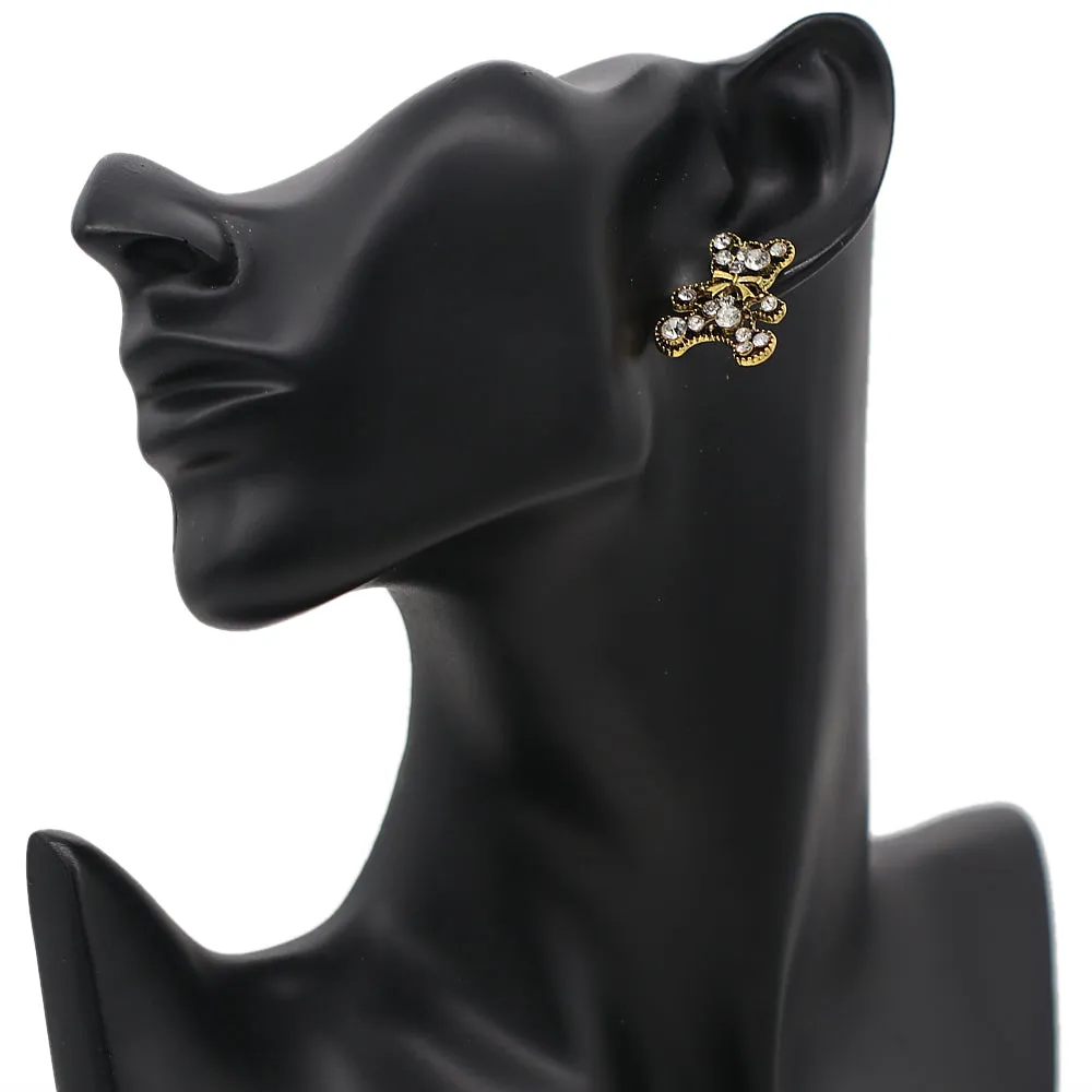 Gold Rhinestone Bow Tie Teddy Bear Earrings