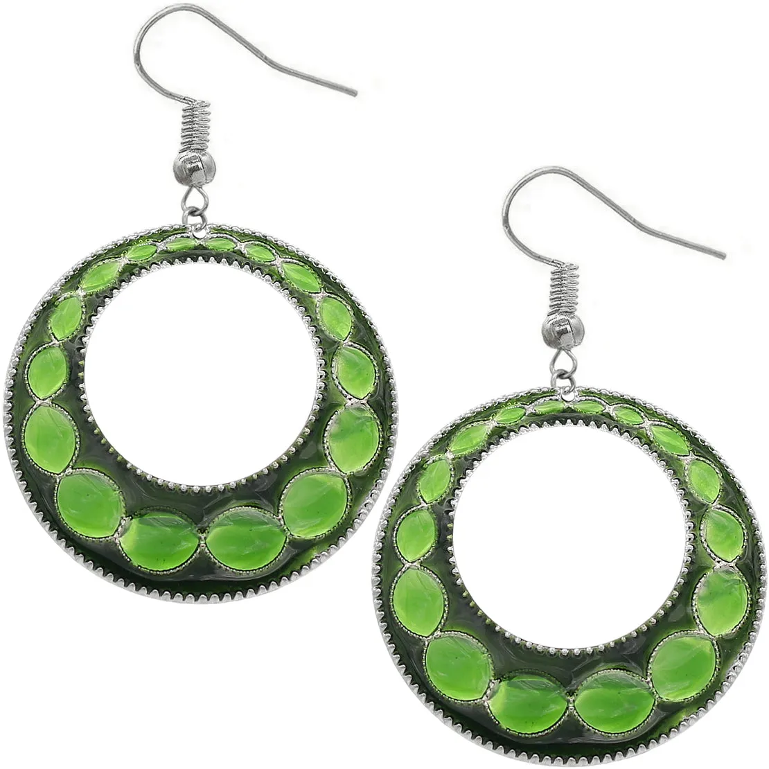 Green Glossy Open Circle Thin Metal Earrings