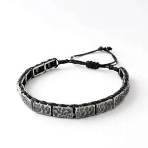 Hammered Sterling Silver Men's Bracelet on Black Waxed Cord