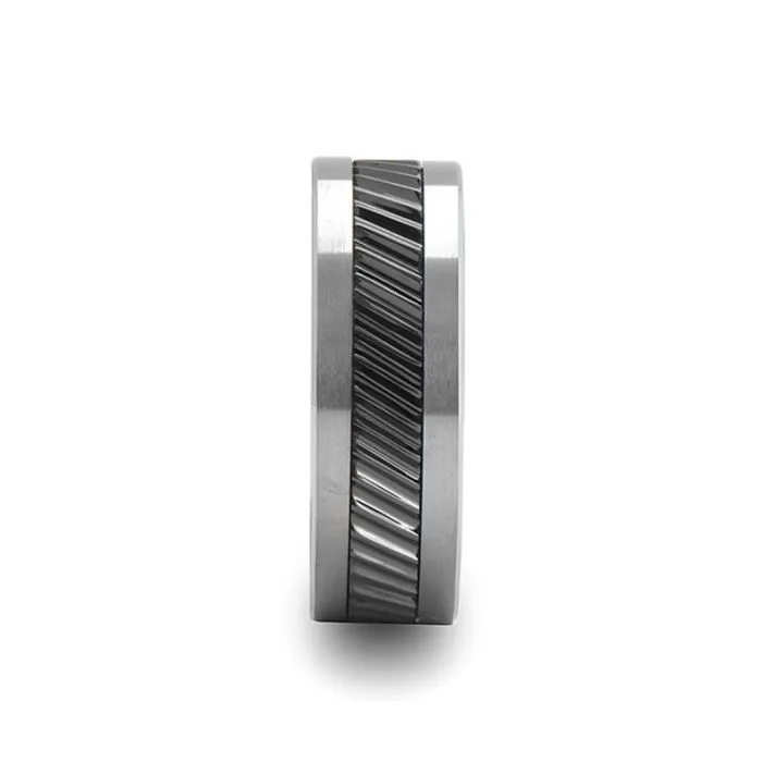 HELIX Gear Teeth Pattern Black Ceramic and Tungsten Carbide Ring - 6mm - 10mm