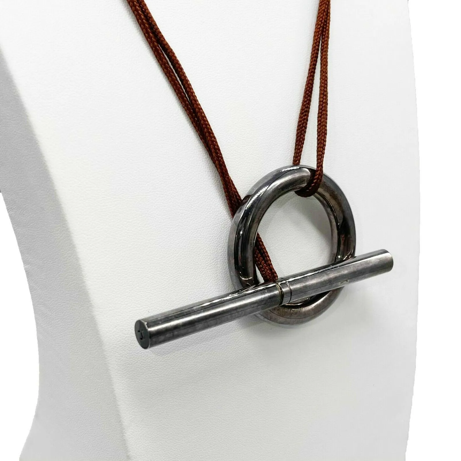 Hermes - Brown Rope Necklace - Skipper Double Wrap - Circle Bar - Silver