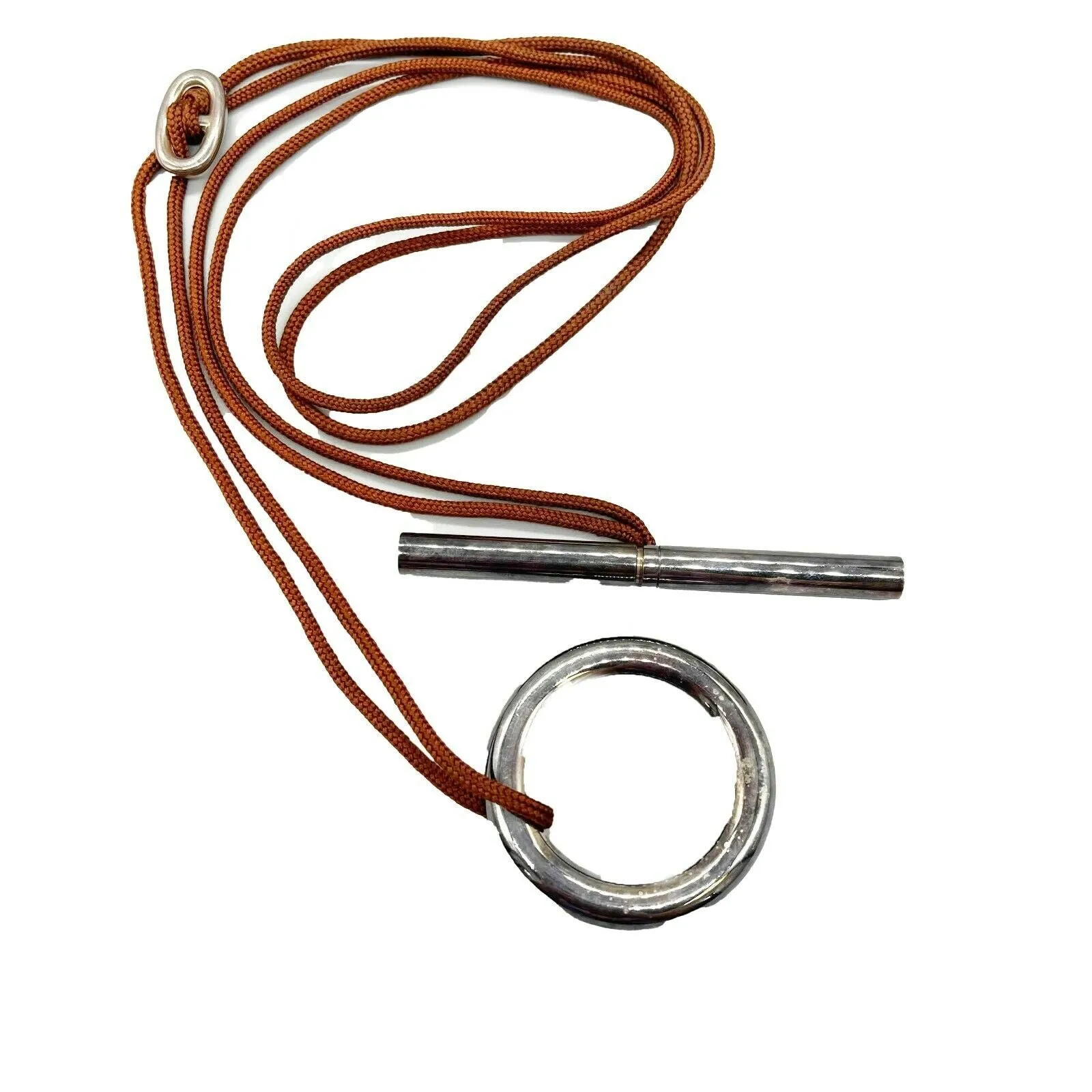 Hermes - Brown Rope Necklace - Skipper Double Wrap - Circle Bar - Silver